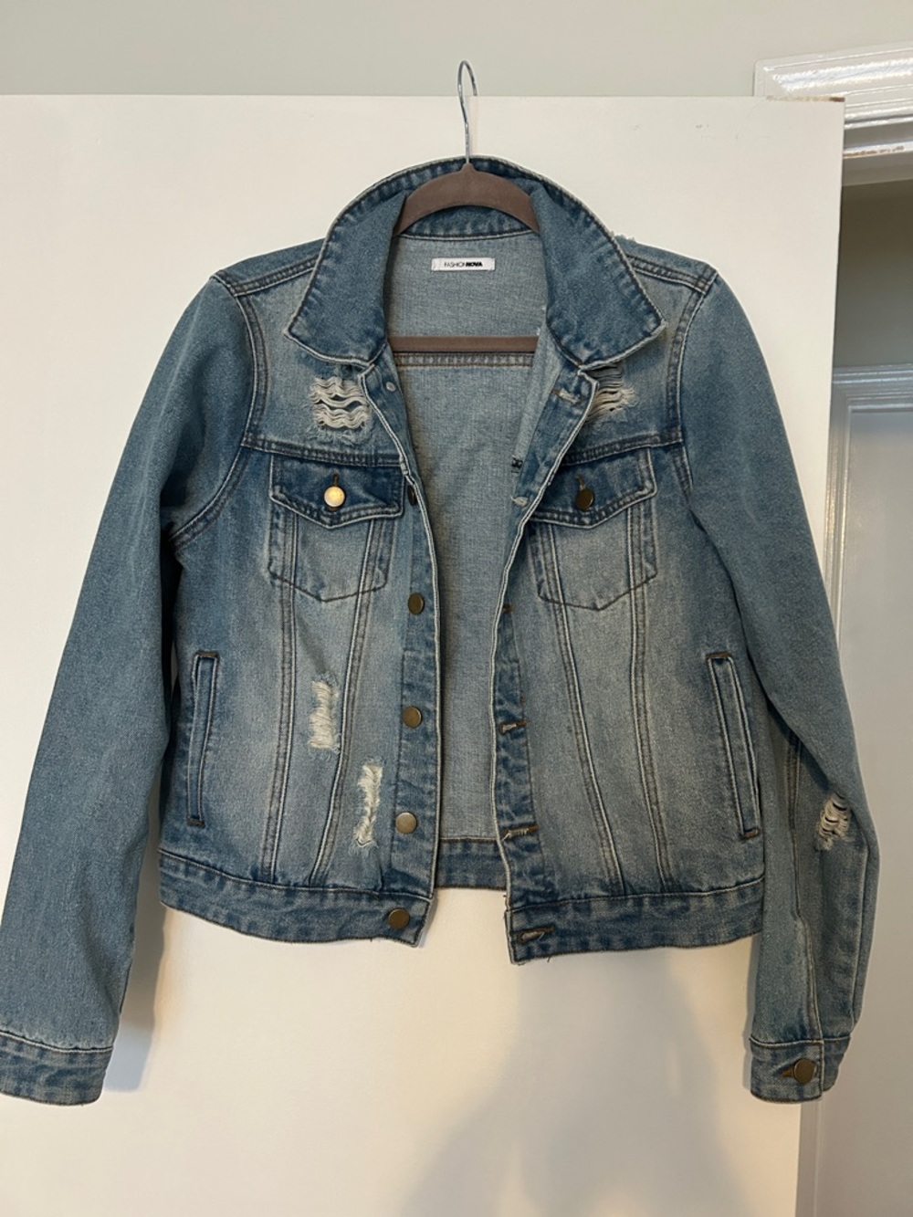 Fashion Nova Light/Medium Blue Denim Jacket with Rips